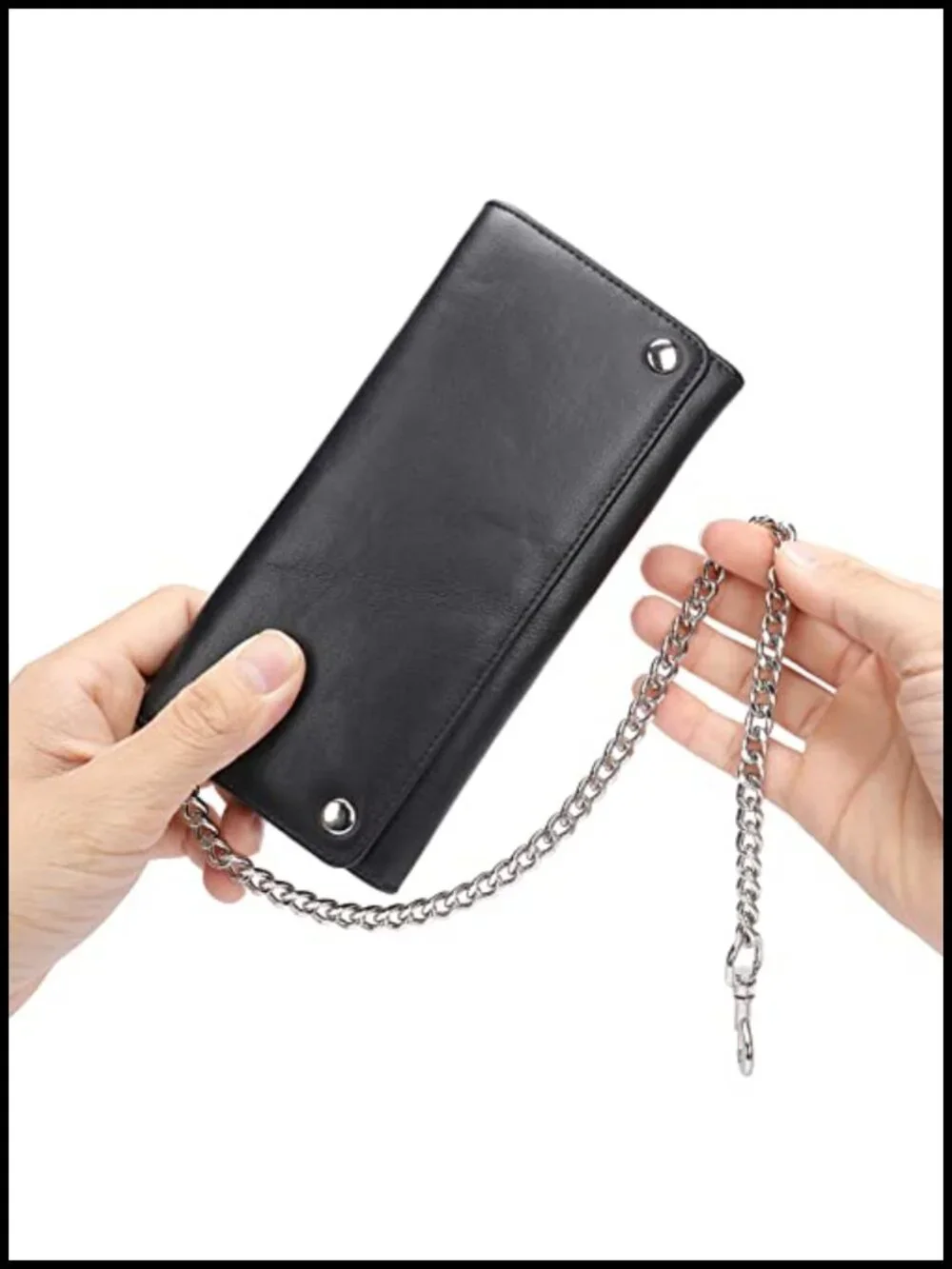 Genuine Leather Trifold Wallet with Metal Chain RFID Blocking for Men